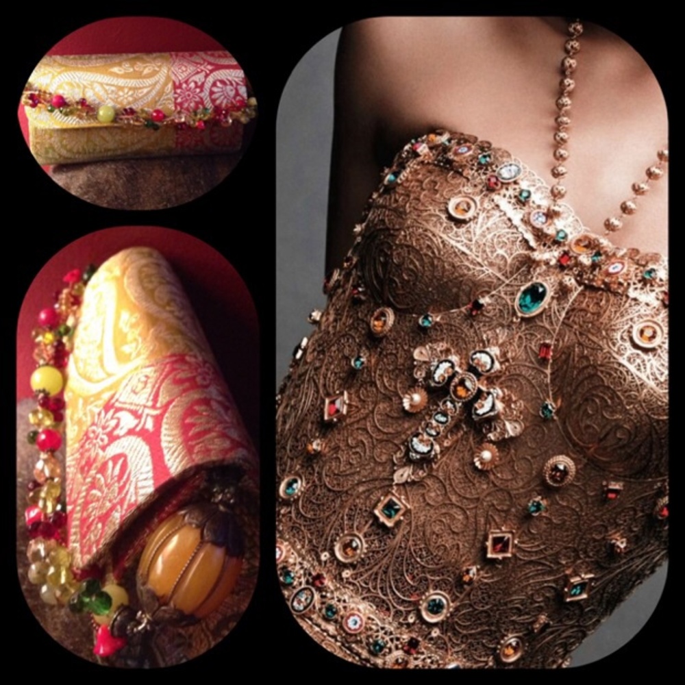 Gold Brocade Evening Clutch with Jeweled Trim